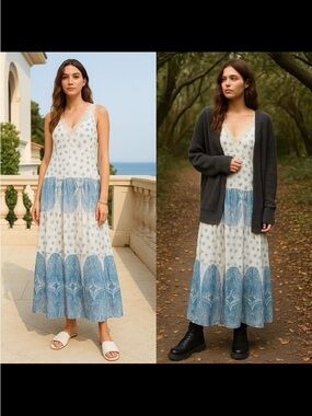 Johnny Was For Love and Liberty Blue and White Maxi Dress